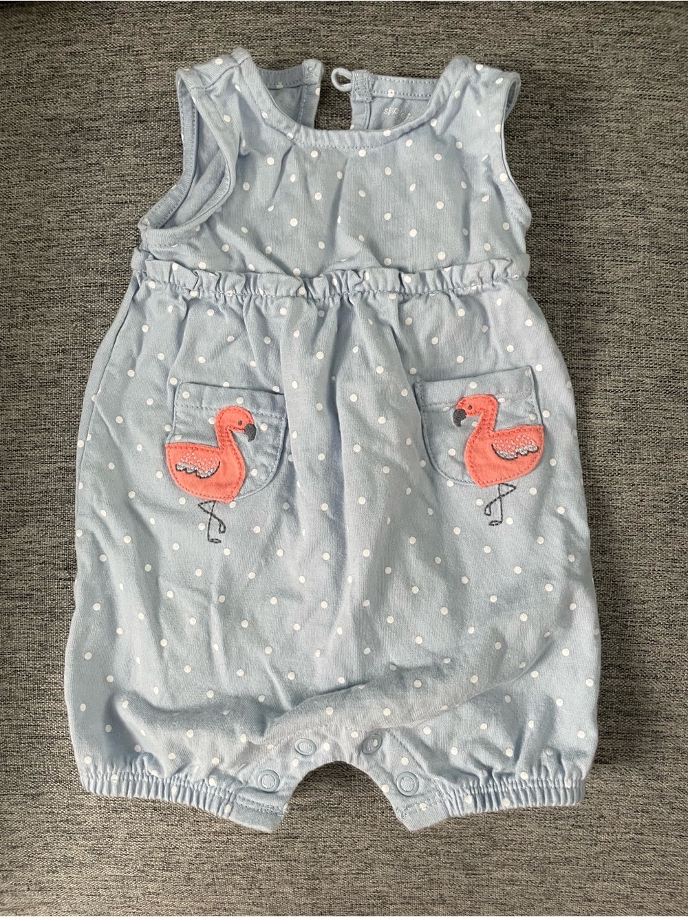 Light Blue Polka Dot Romper with Pink Flamingo Pockets
